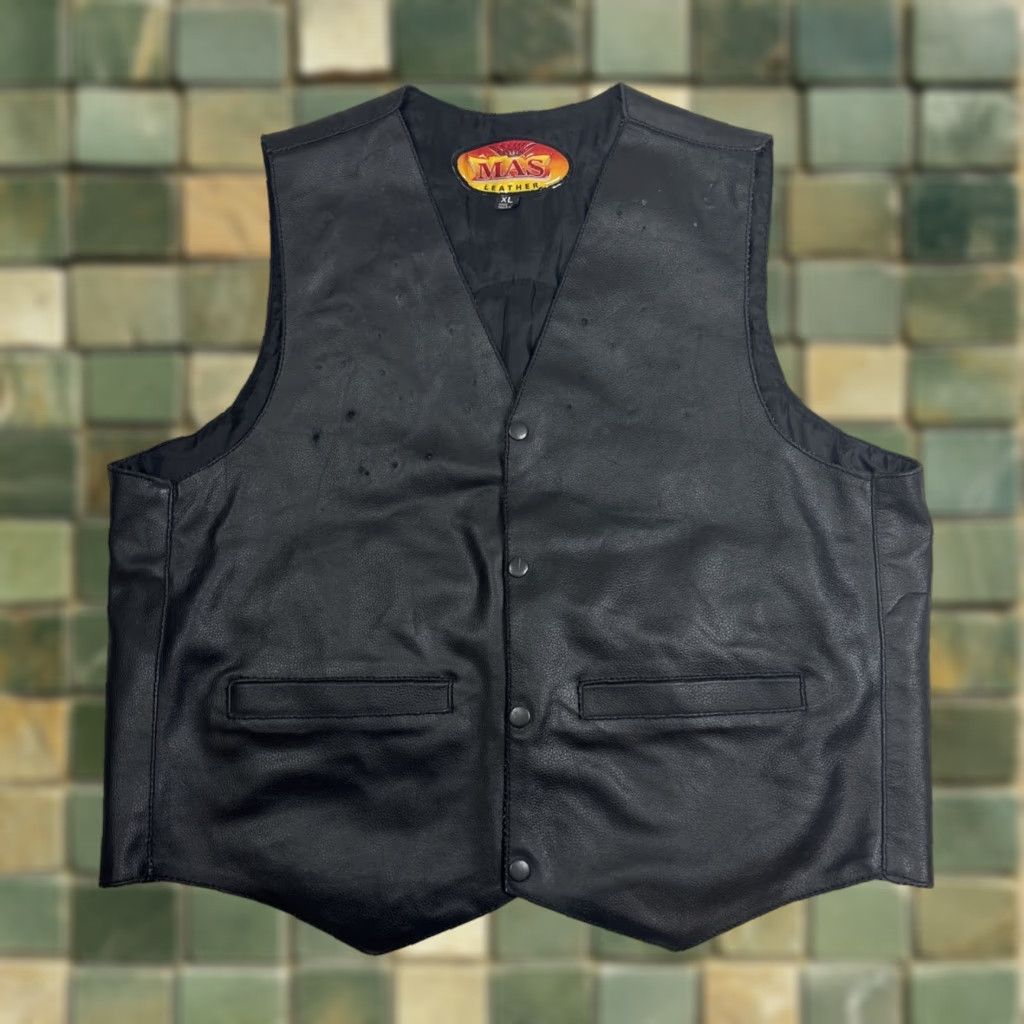 Vintage VINTAGE Mas Leather Leather Vest XL Black Biker Patch 80s Mas Leather Vest Men Full Zip Lined Pockets Size US XL / EU 56 / 4 - 1 Thumbnail