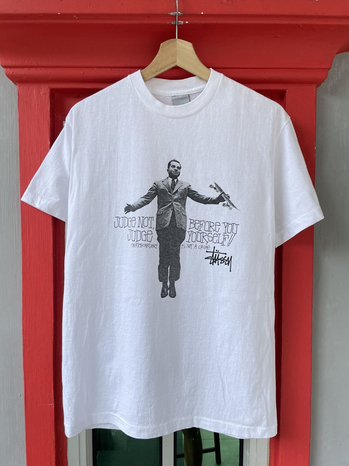 image of 90's Stussy Skateboarding Is Not A Crime Nos Tee in White, Men's (Size Medium)