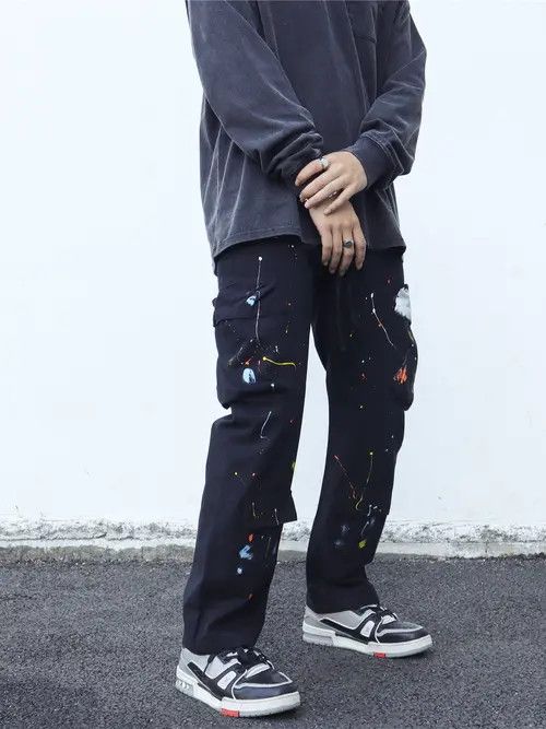 image of Vintage Splattered Paint Cargo Work Big Pocket Pants in Dark Blue, Men's (Size 32)