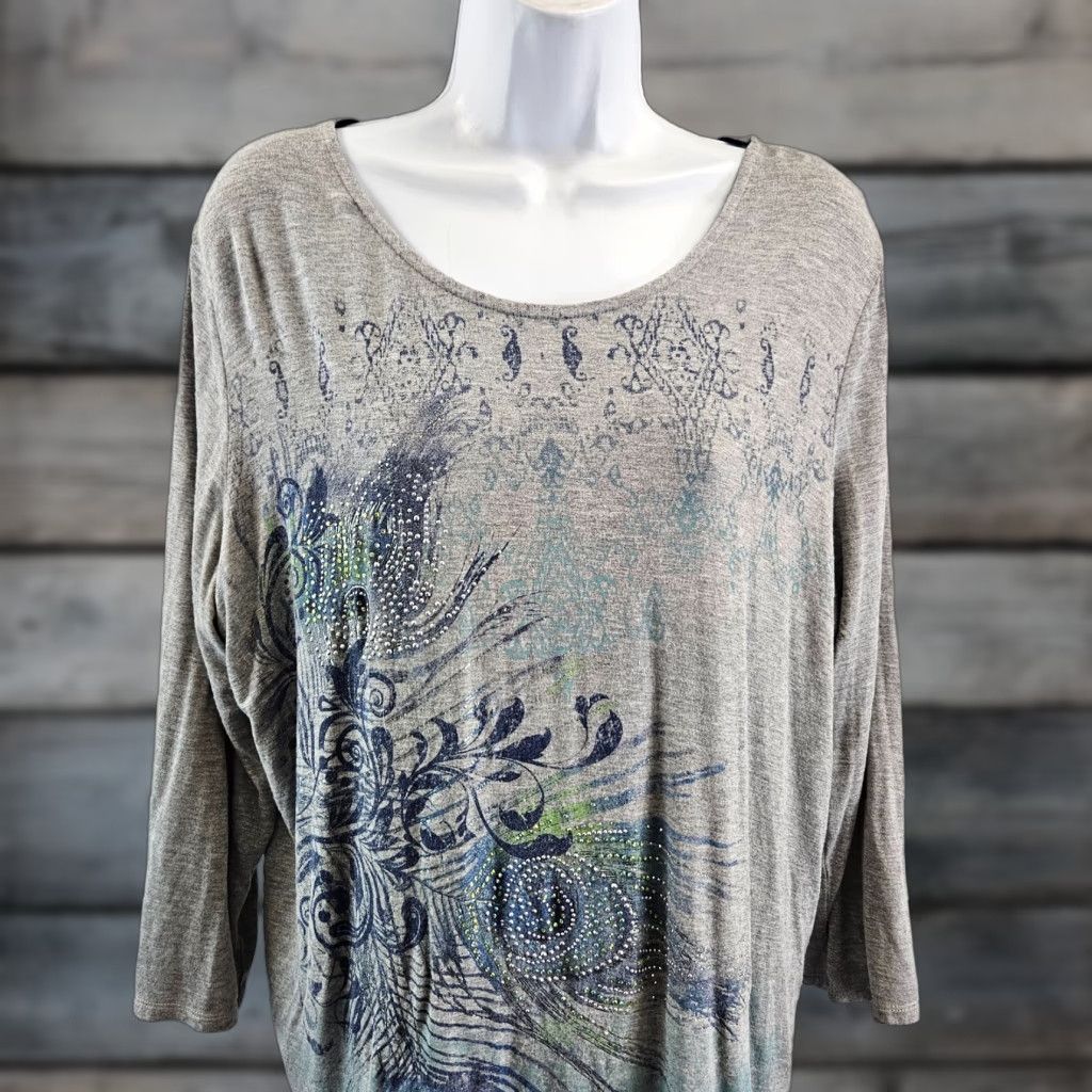 Vintage Chicos Zenergy Womens Top Sz Large Gray Blue Embellished 3/4 Sleeve Rayon Spandex Shirt Womens L Gray Blue Zenergy Size L / US 10 / IT 46 - 1 Thumbnail