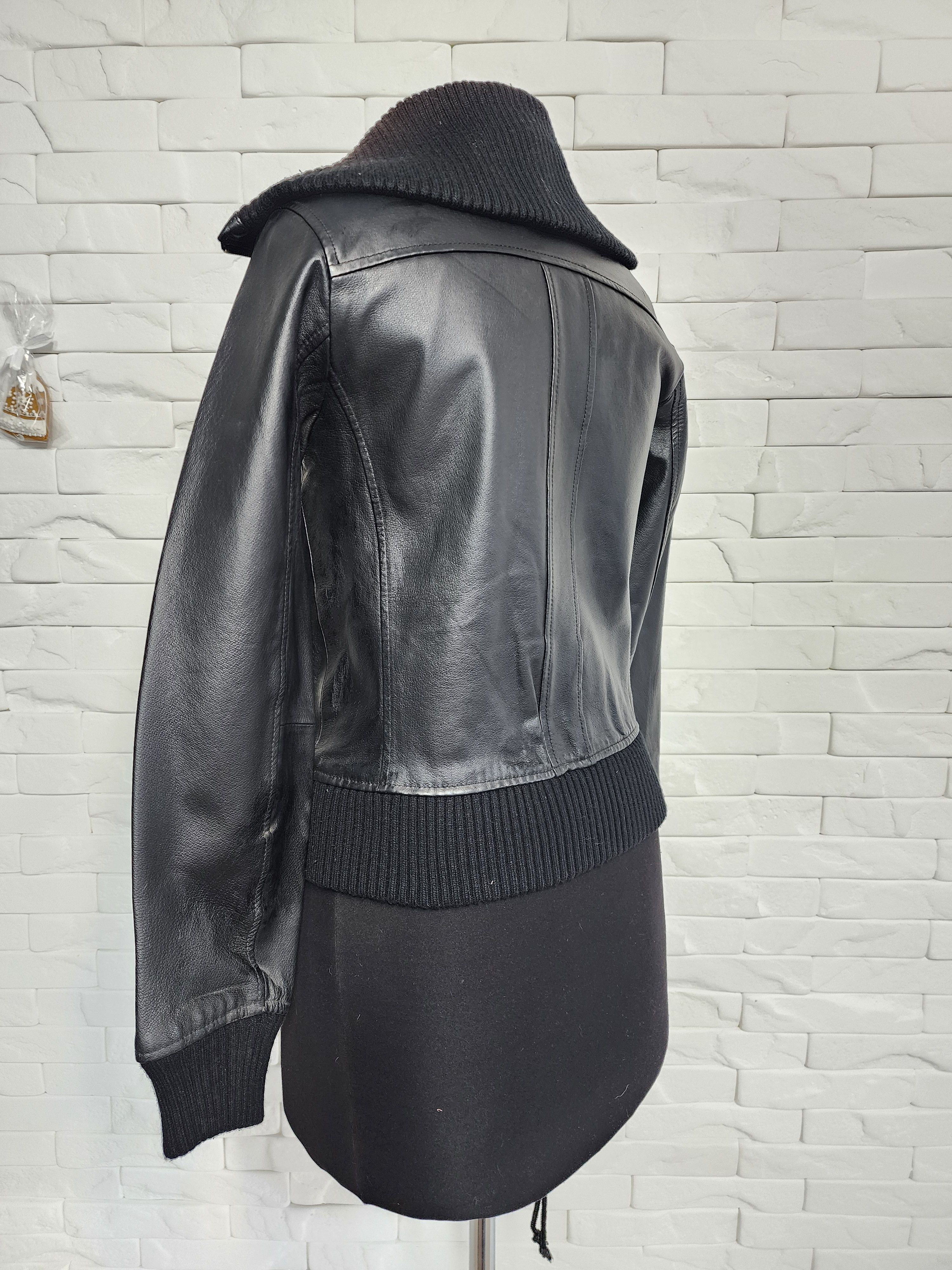 Other Black Leather Jacket: Women's Zip-Up Bomber with Knit Trim Size M / US 6-8 / IT 42-44 - 7 Thumbnail
