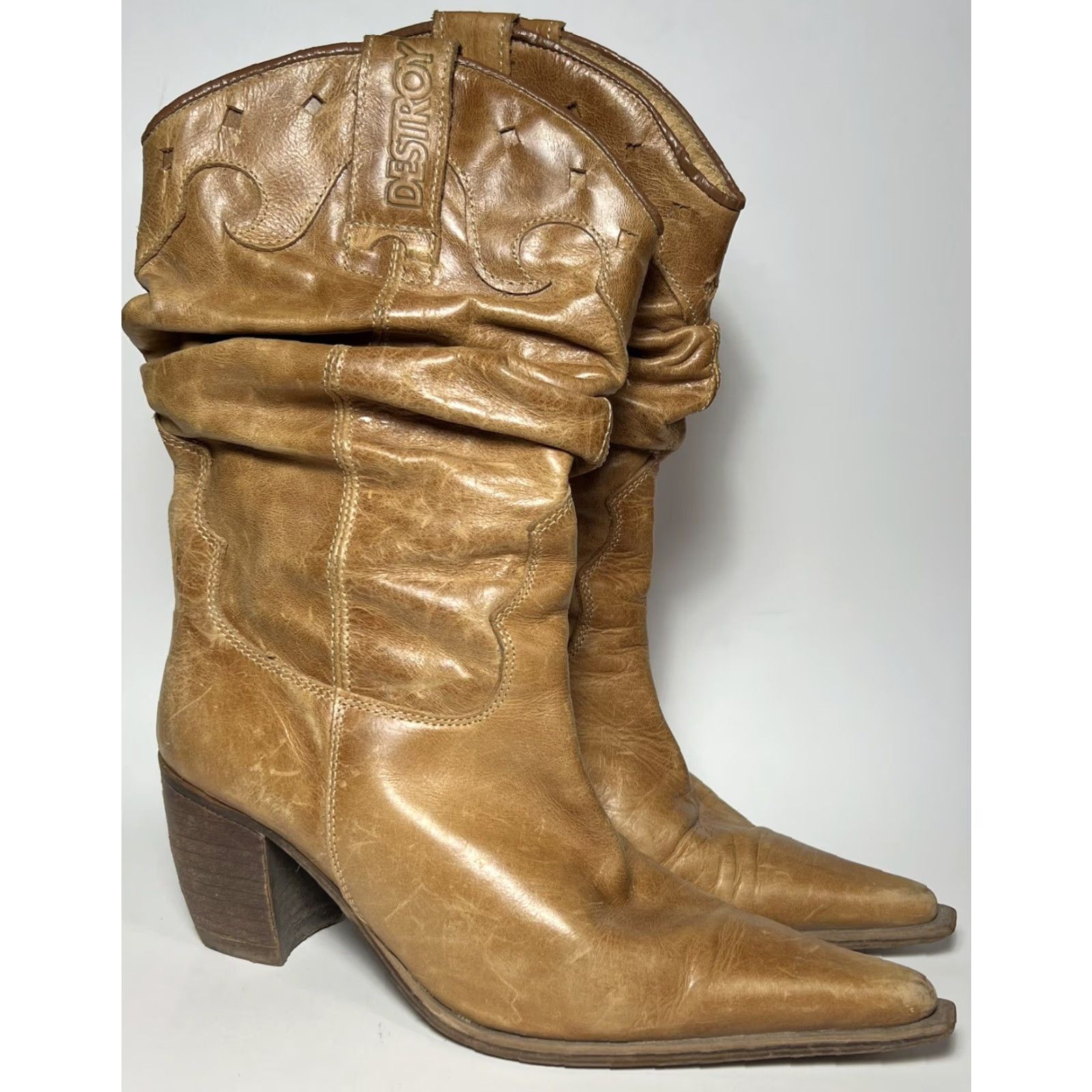 Vintage DESTROY Vintage Western Slouch Boots Tan Leather 37 / 6.5 Brown Tooled Pointed Toe Female Women Cowboy Western Boots Size US 7 / IT 37 - 2 Thumbnail