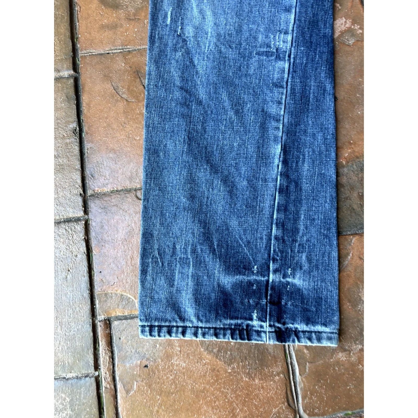 Marcs VINTAGE Marc Ecko Jeans 36x30 Regular 5-Pocket Denim Blue Cotton Embroidered Button Zip Distressed Stains Wide-Leg Men’s Clothing Size US 36 / EU 52 - 6 Thumbnail