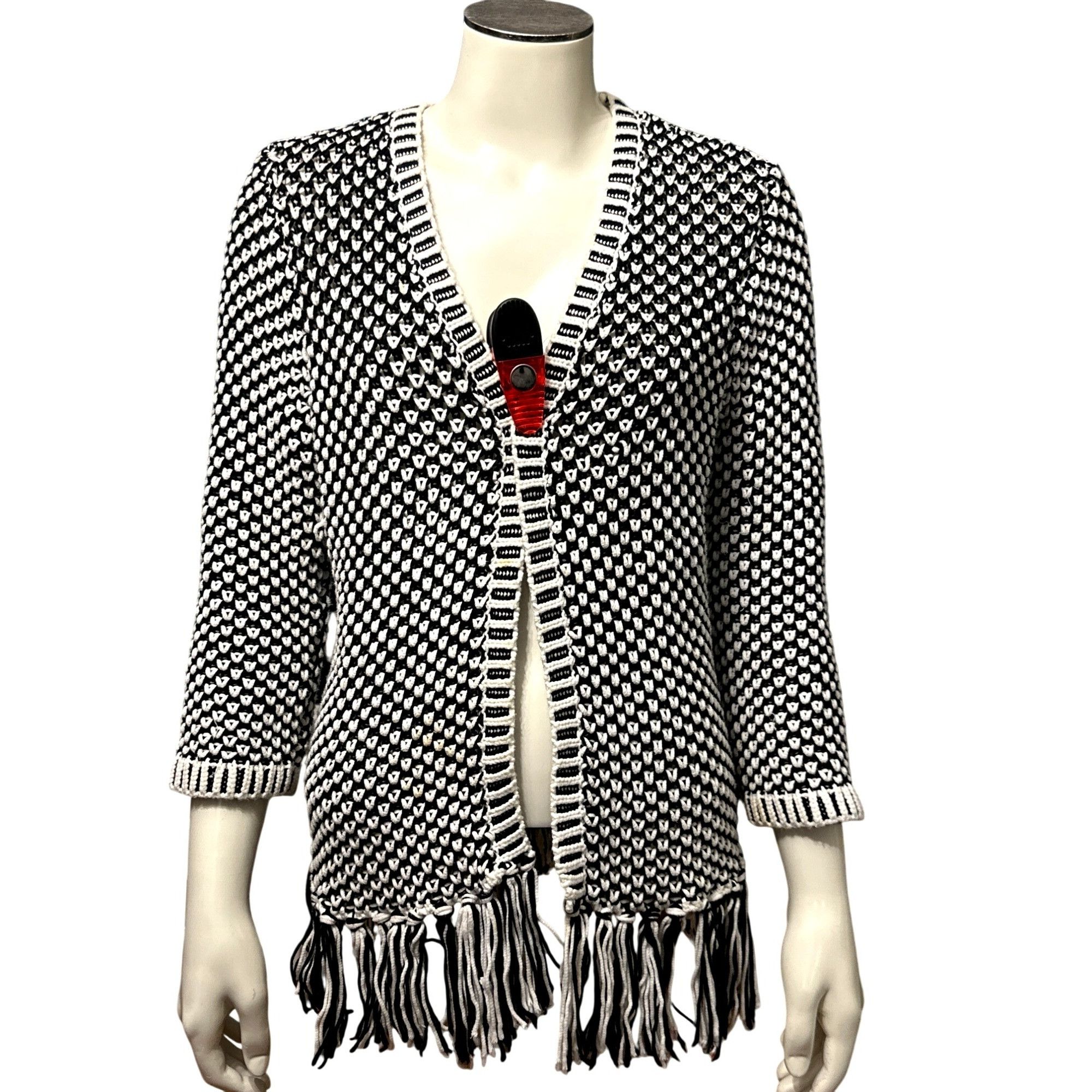 Chicos Chicos Black White Fringed Open Front Knit Cardigan Sweater Size M / US 6-8 / IT 42-44 - 1 Thumbnail