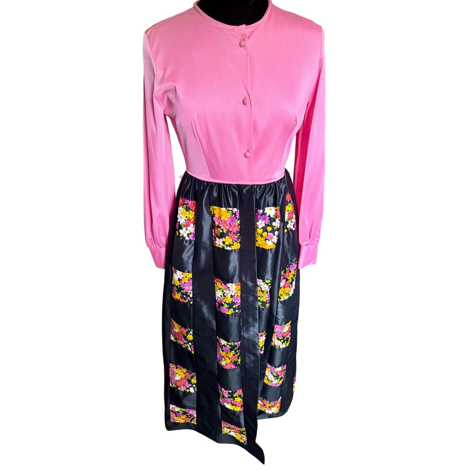 Vintage Pink Black Floral Maxi Hostess Dress Duster Small M