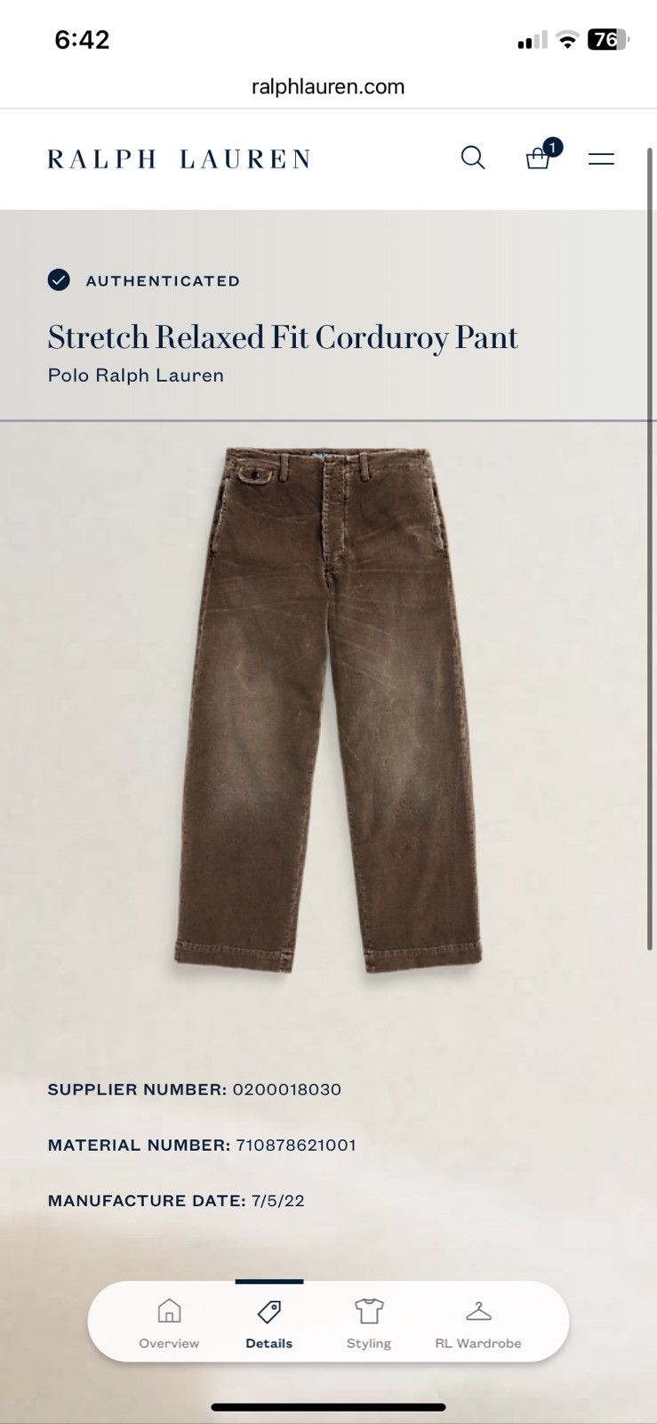 Polo Ralph Lauren Polo Ralph Lauren Stretch Relaxed Fit Corduroy Pant Size US 36 / EU 52 - 1 Thumbnail