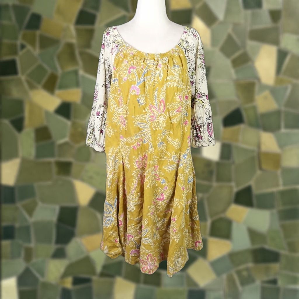 Anthropologie Daily Practice Mollie Tunic Dress Yellow Floral Small Women  Dress Short 3/4 Sleeve Cotton