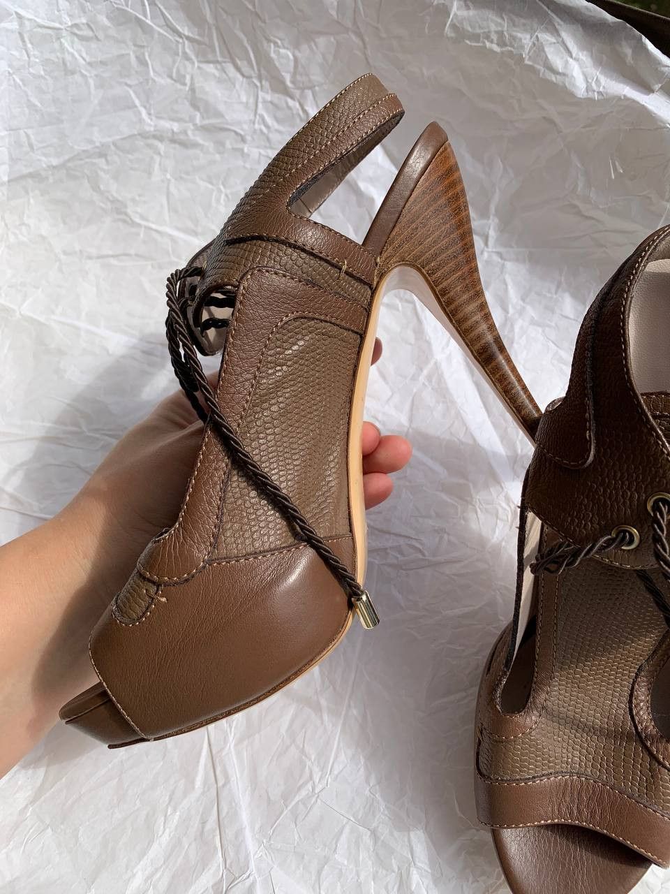 Escada × Vintage Escada vintage brown leather gladiators on heels Size US 8 / IT 38 - 8 Thumbnail