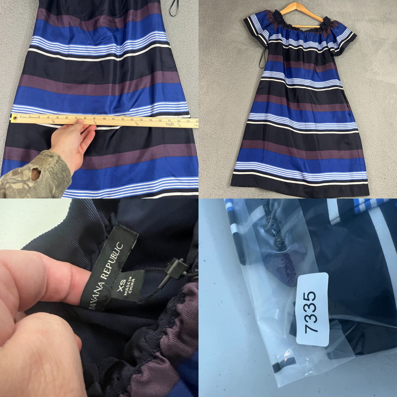 Banana Republic VINTAGE Banana Republic Silk Blue Striped Off the Shoulder Shift Dress XS Ruffle Classic Womens Size XS / US 0-2 / IT 36-38 - 8 Thumbnail