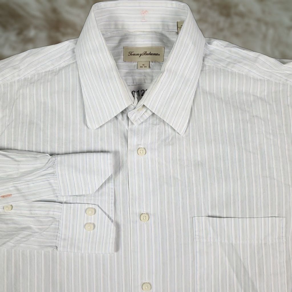 Tommy Bahama VINTAGE Tommy Bahama Dress Shirt Shirt 16 Regular White/Blue Striped 100% Cotton Mens Size 42R - 1 Thumbnail