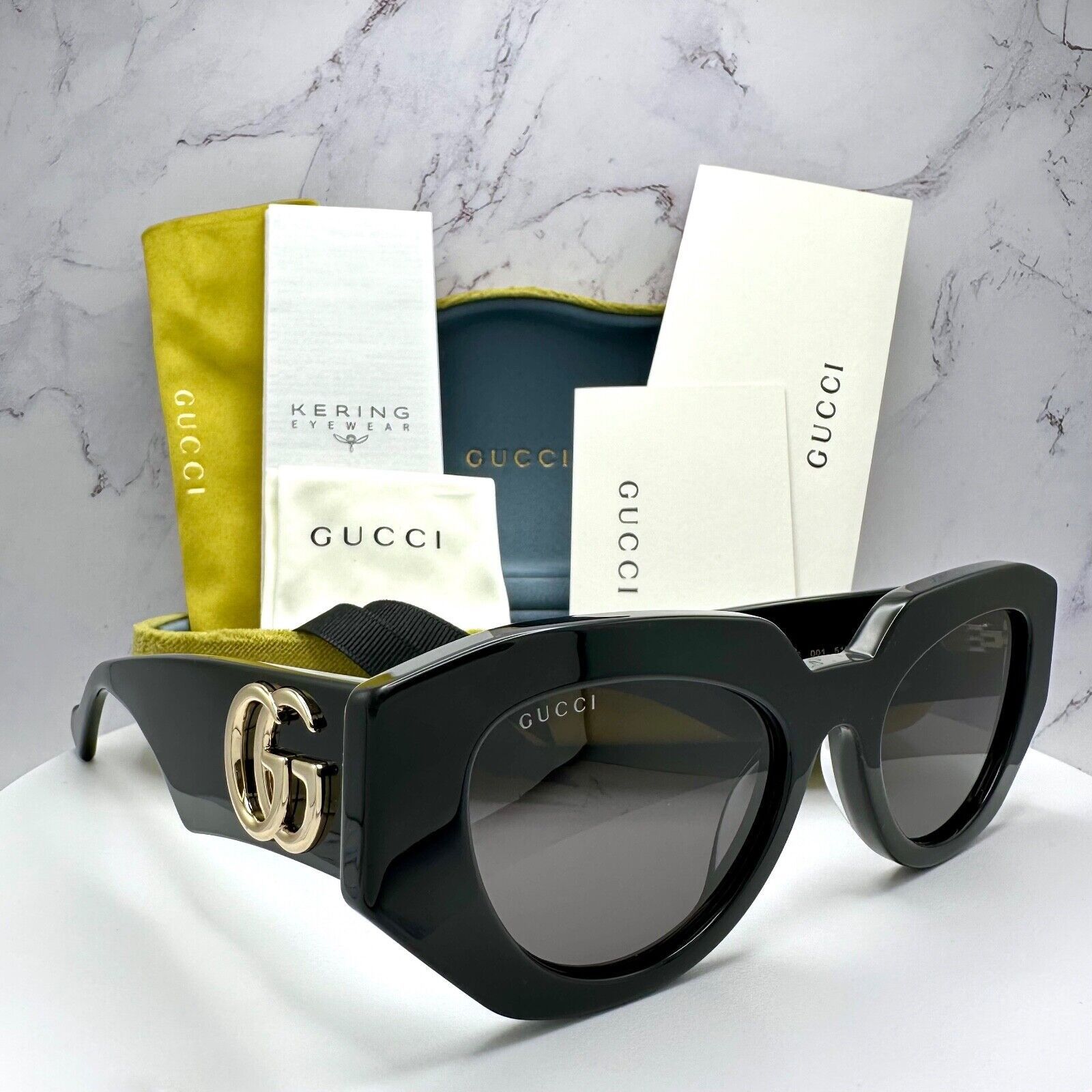 Gucci Sunglasses Black Cat Eye Gold Interlocking GG Logo