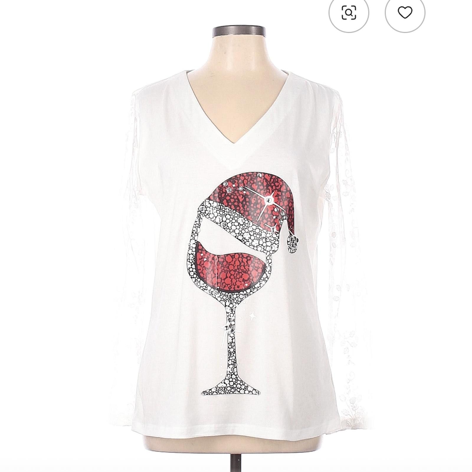 The Unbranded Brand White Long Sleeve Top with Festive Wine Glass Design Size L Size L / US 10 / IT 46 - 1 Thumbnail