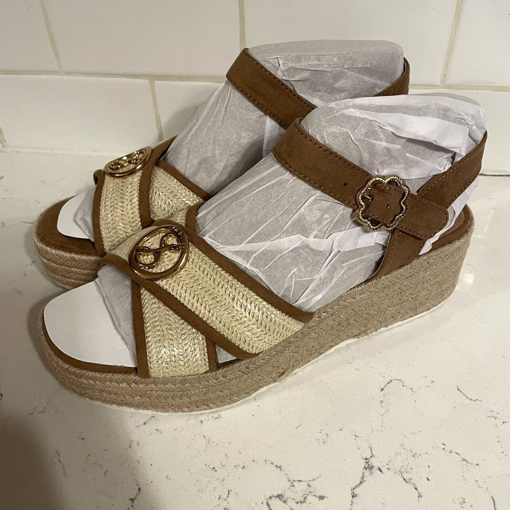 Vintage Sam & Libby Corrinne Women's US 9 Brown Wedge Sandal Gold Open Toe Slip On NEW Size US 9 / IT 39 - 6 Thumbnail