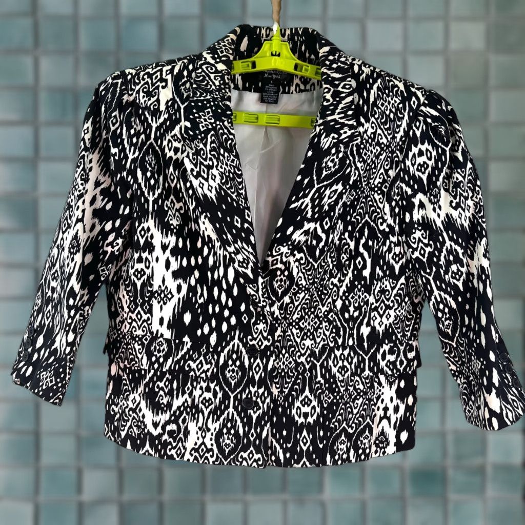 Vintage Katherine Blazer Jacket 3/4 Sleeve Women's L Black White Cotton Blend Twill Pockets Lined Casual 90s Theme? Size L / US 10 / IT 46 - 1 Thumbnail