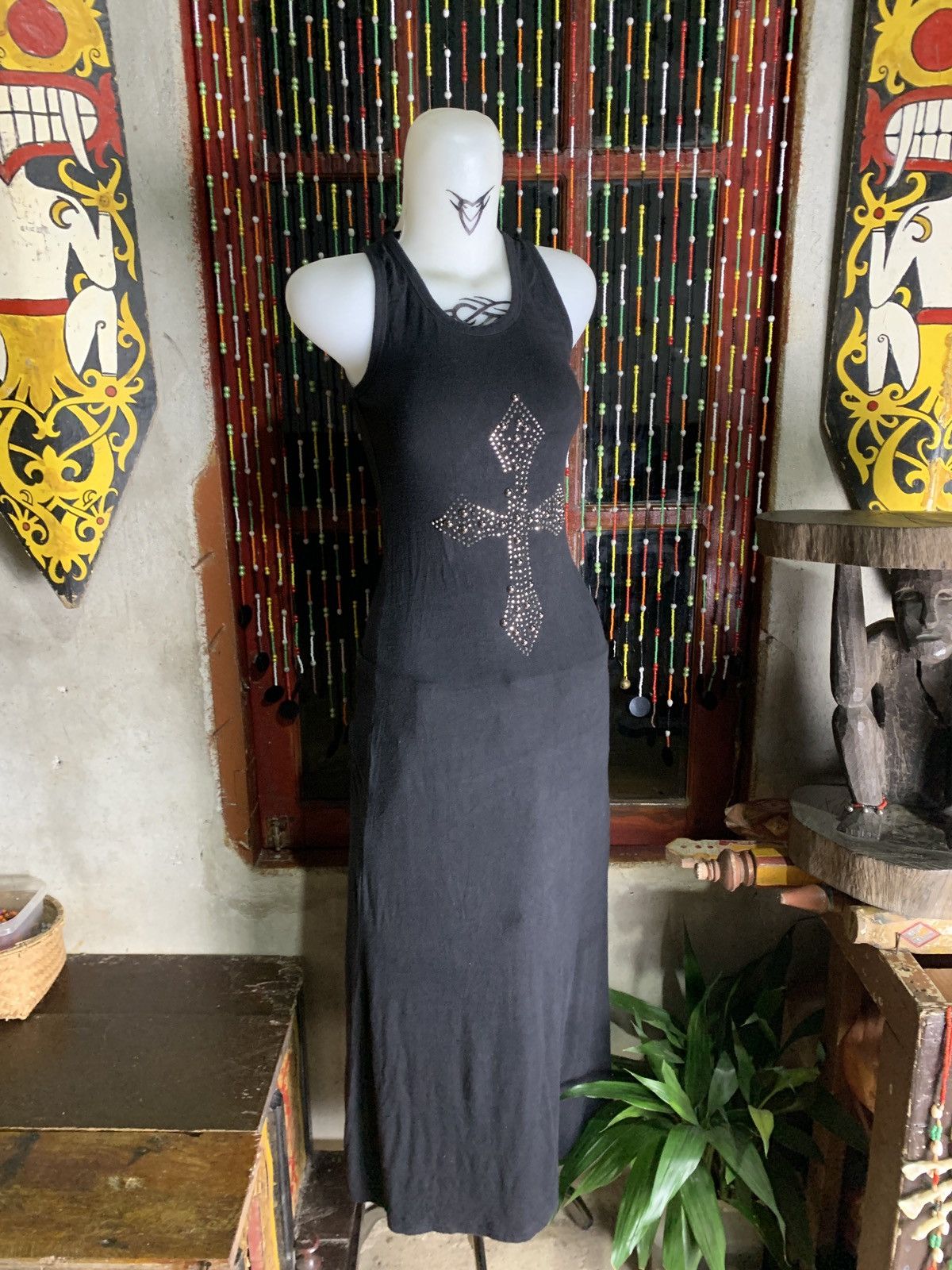 Japanese Brand y2k Unknown Black Studded Pearl Cross Fitted Maxi Tank Dress Size S / US 4 / IT 40 - 2 Thumbnail