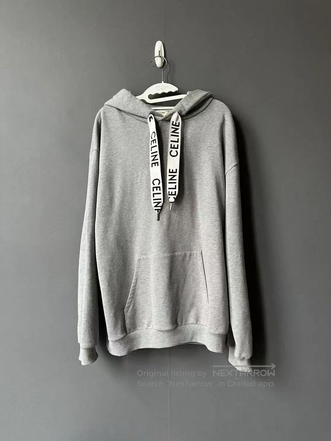 Celine Gray Drawstring Letter Hoodie.