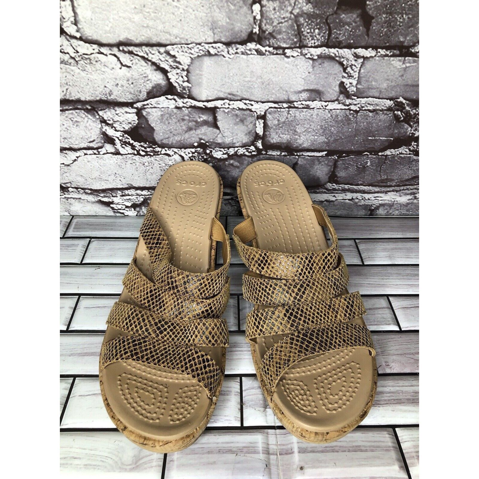 Crocs Crocs A-Leigh Gold Leather Snake Print Cork Wedge Sandals Wo Size US 11 / IT 41 - 20 Thumbnail
