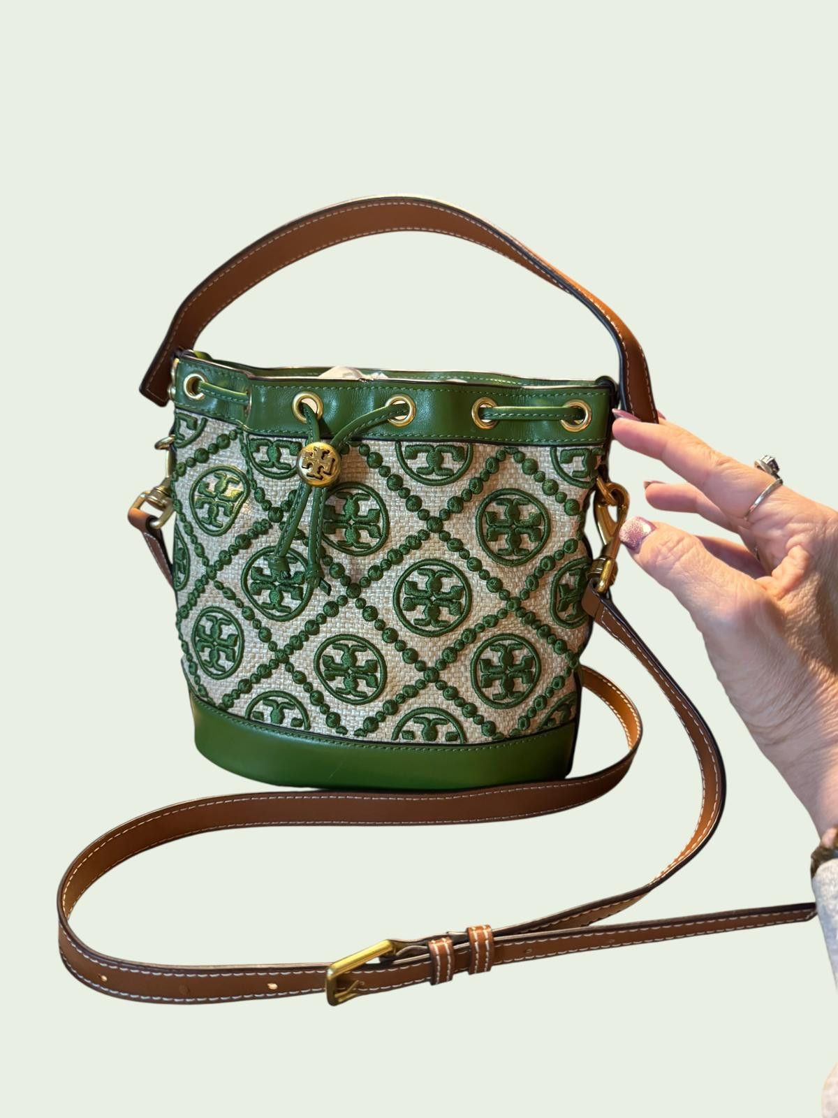 Tory Burch Green And Beige Bucket Bag With Leather Straps, Women's