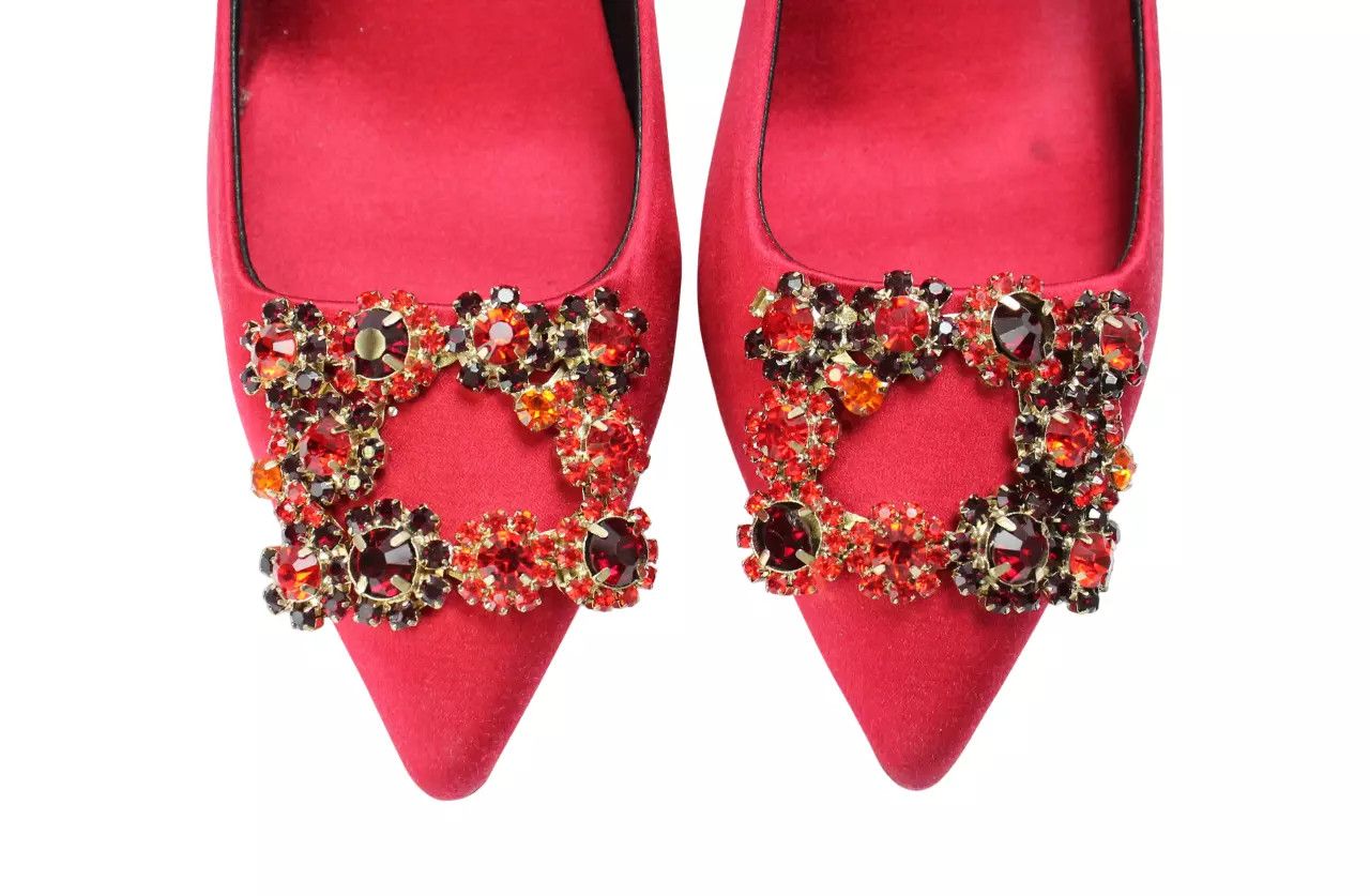 Roger Vivier ROGER VIVIER Women's EU 38 Crystal Flower Red Satin Heels Size US 8 / IT 38 - 7 Thumbnail