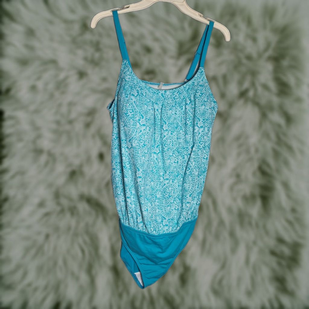 Vintage Lands' End Women's One Piece Swimsuit Size 14 Blue Floral Tank Built-In Bra Beach