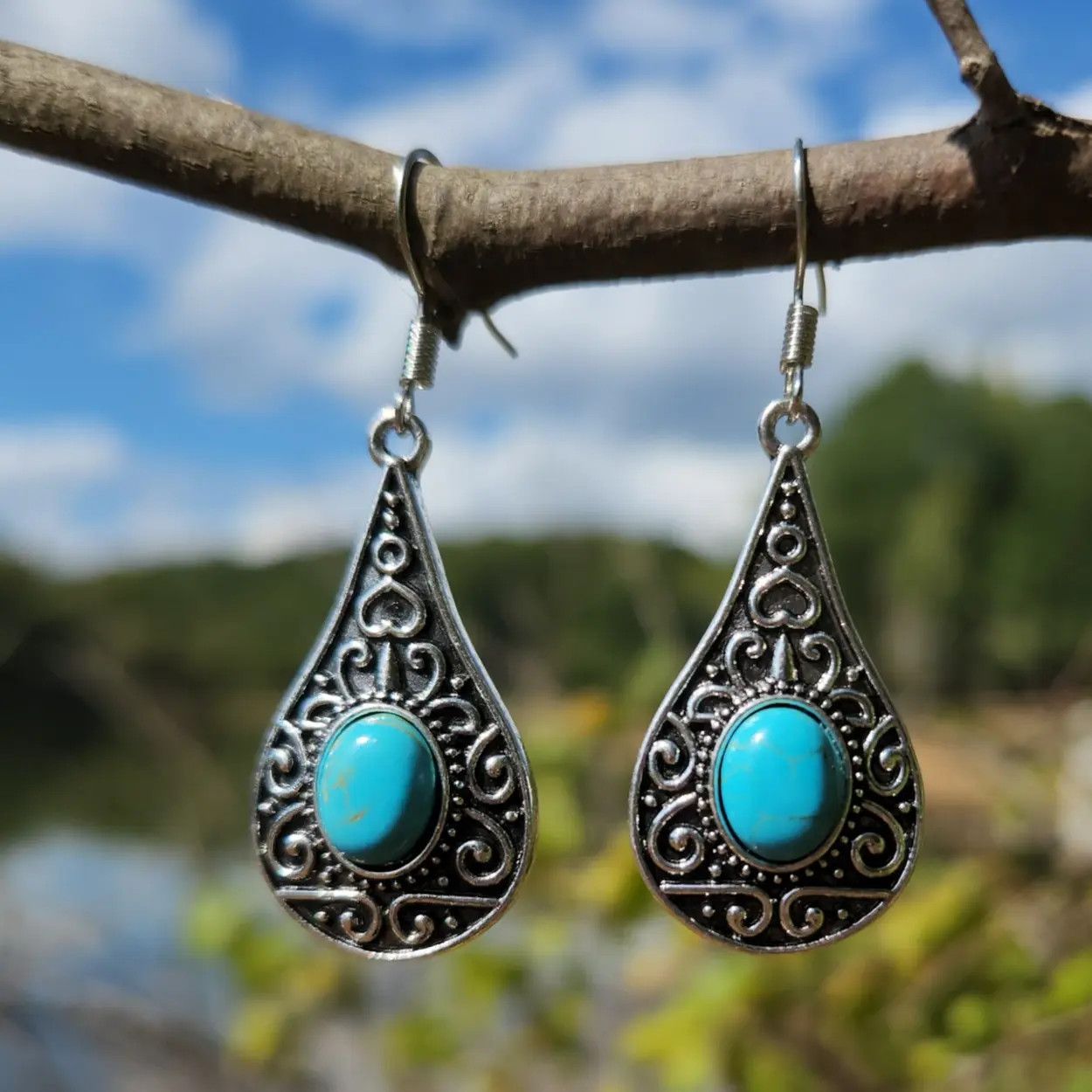 Jewelry Blue Turquoise Dangle Earrings – Handmade Boho Silver Drop Size ONE SIZE - 5 Thumbnail