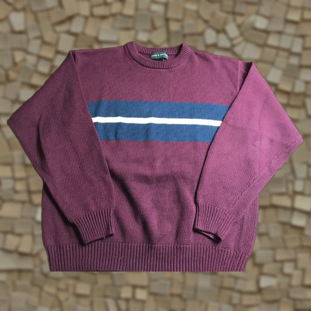 Croft & Barrow Croft & Barrow Sweater Men's L Marron Navy Blue White Stripe Knit Crewneck Pullover Size US L / EU 52-54 / 3 - 1 Thumbnail