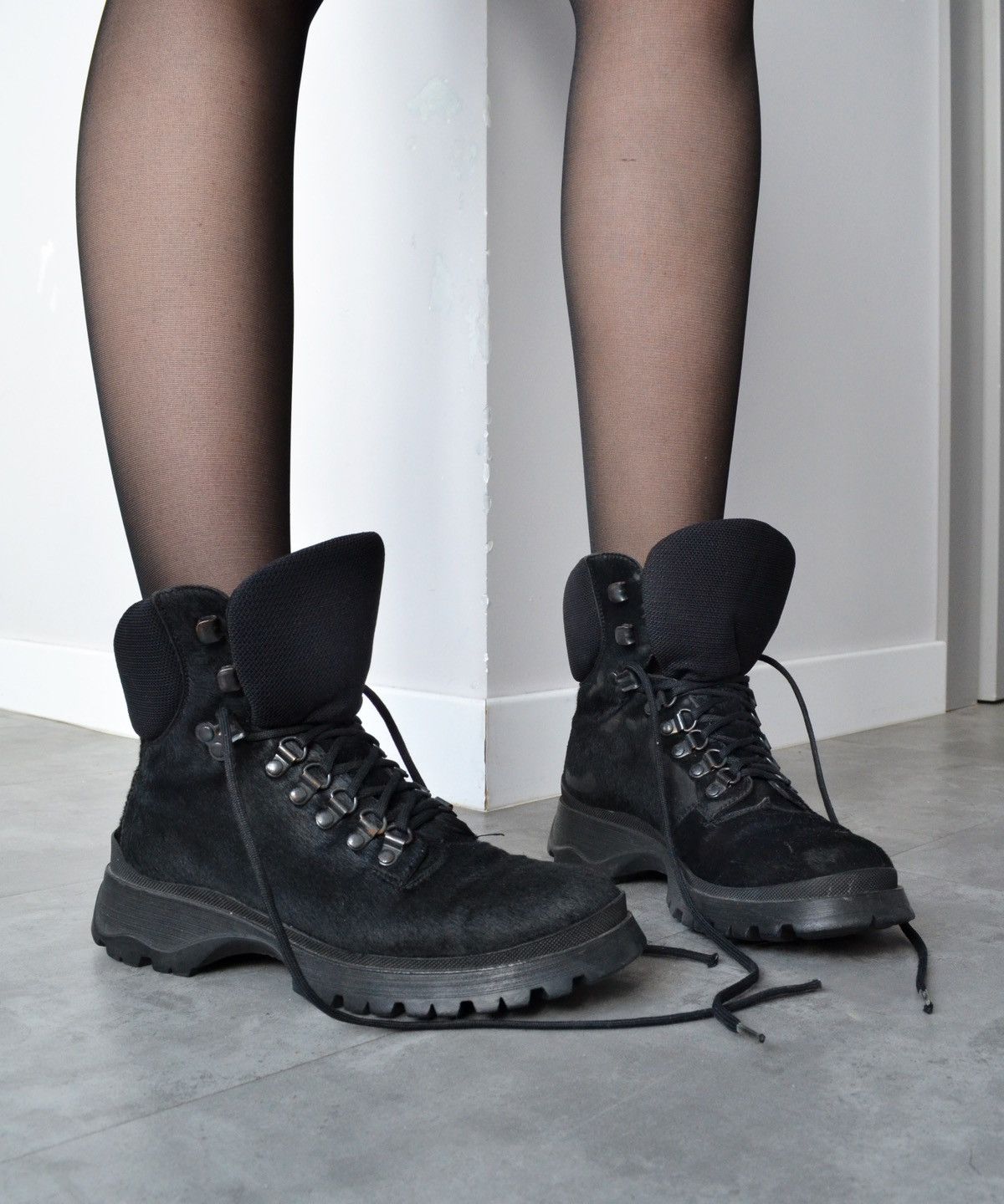 All Blacks x Prada Boots Leather Logo Biker Calf Hair Shoes Vintage 37 in Black, Women's
