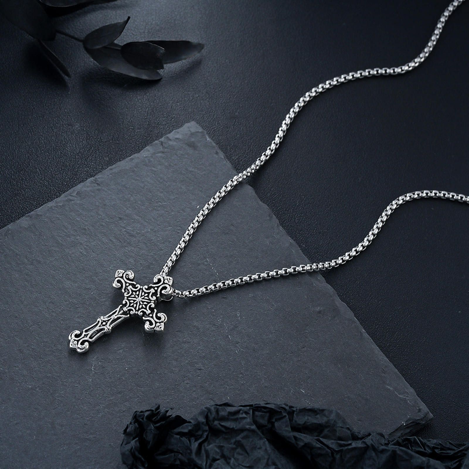 Jewelry Silver Ornate Cross Pendant Necklace, Men's Chain Necklace Size ONE SIZE - 5 Thumbnail
