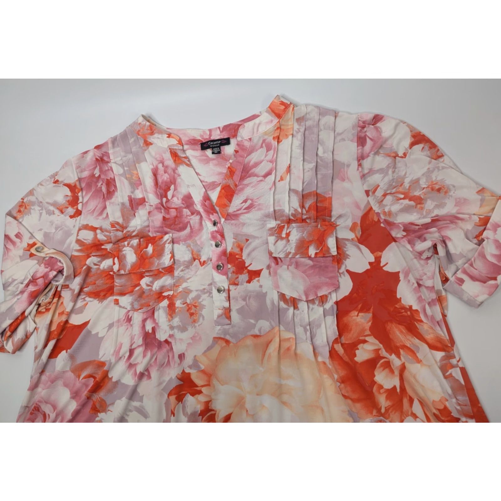 Vintage Cocomo Blouse Shirt 3X Plus Pink Floral V-Neck Roll Tab Sleeve Button Top Damen Womens Size XXL / US 16-18 / IT 52-54 - 6 Thumbnail