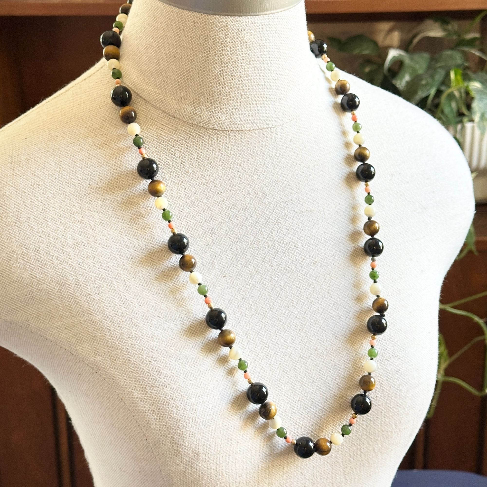 Vintage Vintage Gemstone Bead Necklace, Onyx, Tiger’s Eye, Nephrite Size ONE SIZE - 1 Thumbnail