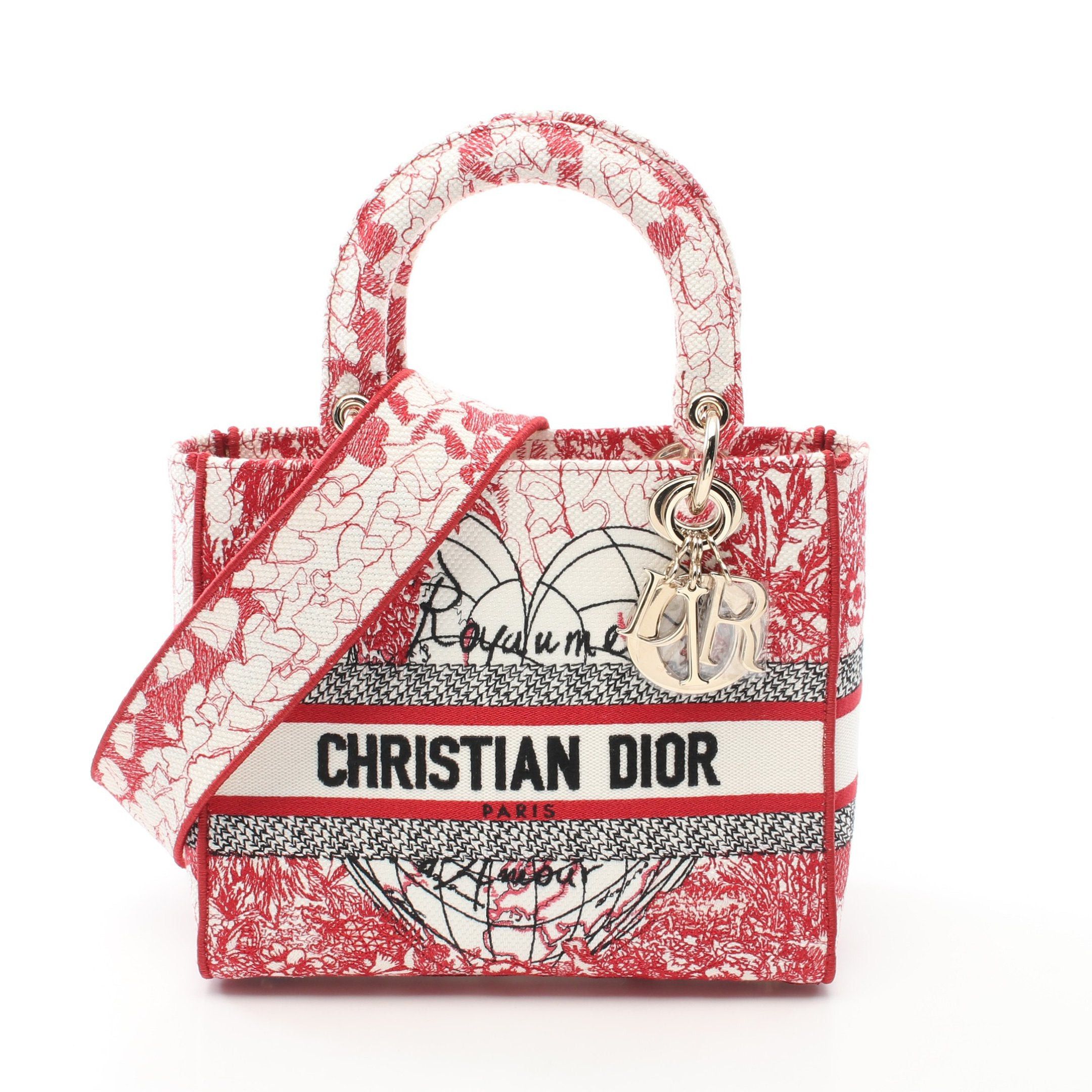 Dior Dior Lady Medium Royaume D'Amour D Light Handbag Canvas White Red Size ONE SIZE - 1 Thumbnail