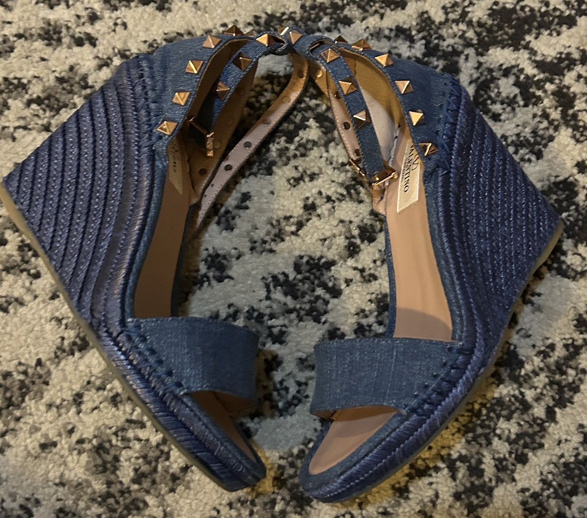 Valentino Valentino Garavani Rockstud Denim Espadrille Wedge Sandal Size US 6 / IT 36 - 3 Thumbnail