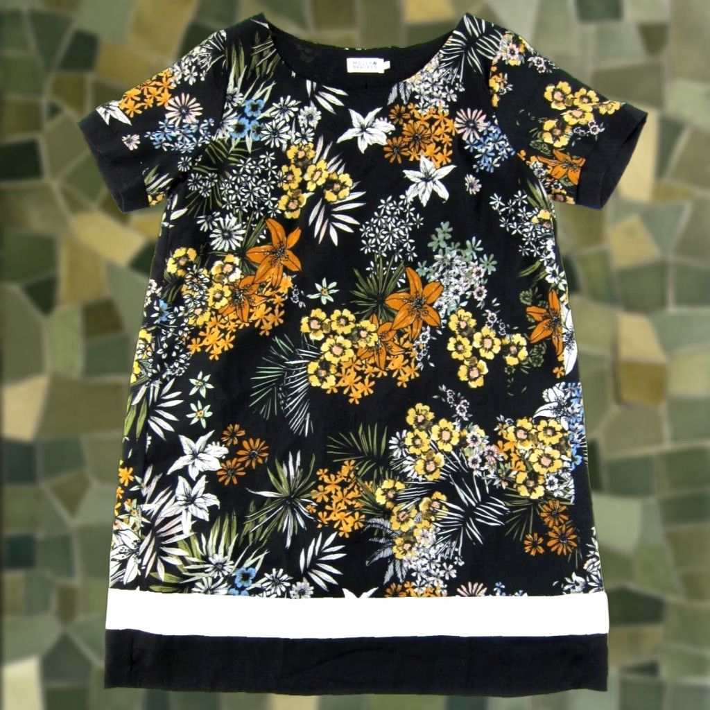 Vintage MOLLY BRACKEN Floral Short Sleeve Shift Dress L Women Black Green Yellow Green Lined Polyester Knee Length Casual Formal Wedding 90s? Size 36" / US 14 / IT 50 - 1 Thumbnail