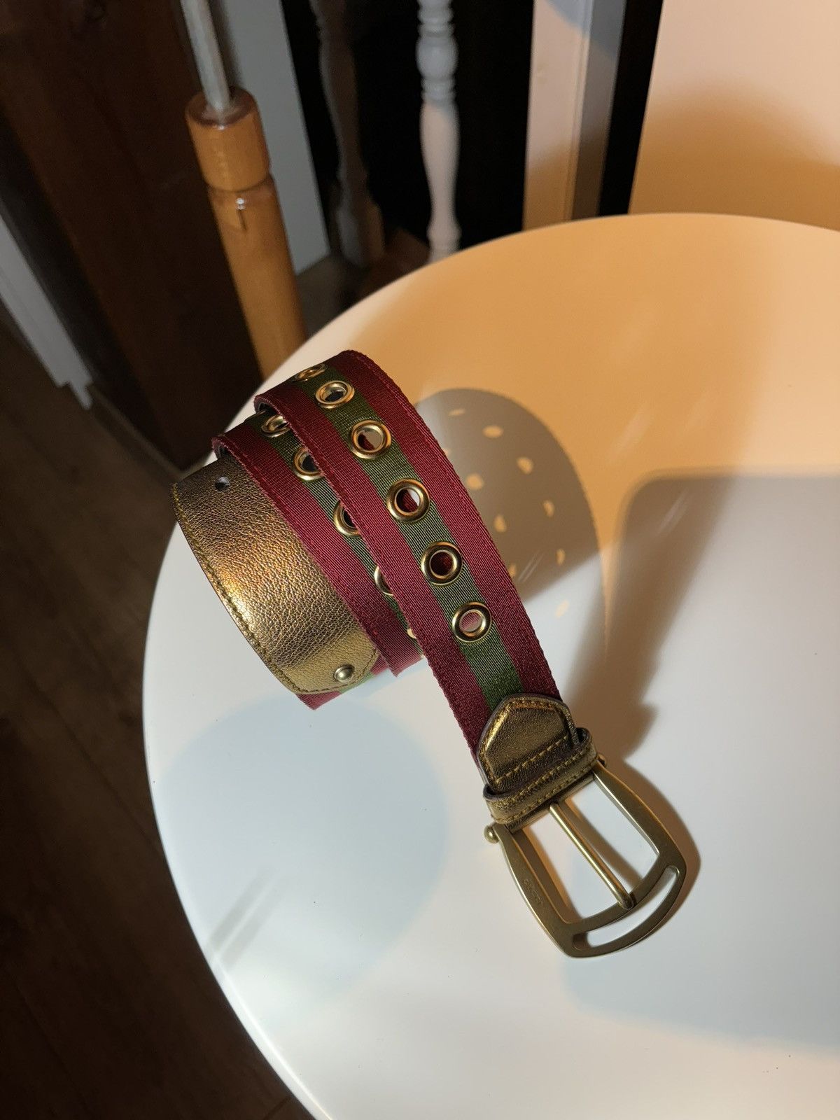 Gucci Rare Gucci Gold Leather and Canvas Web Grommet Buckle Size ONE SIZE - 7 Thumbnail
