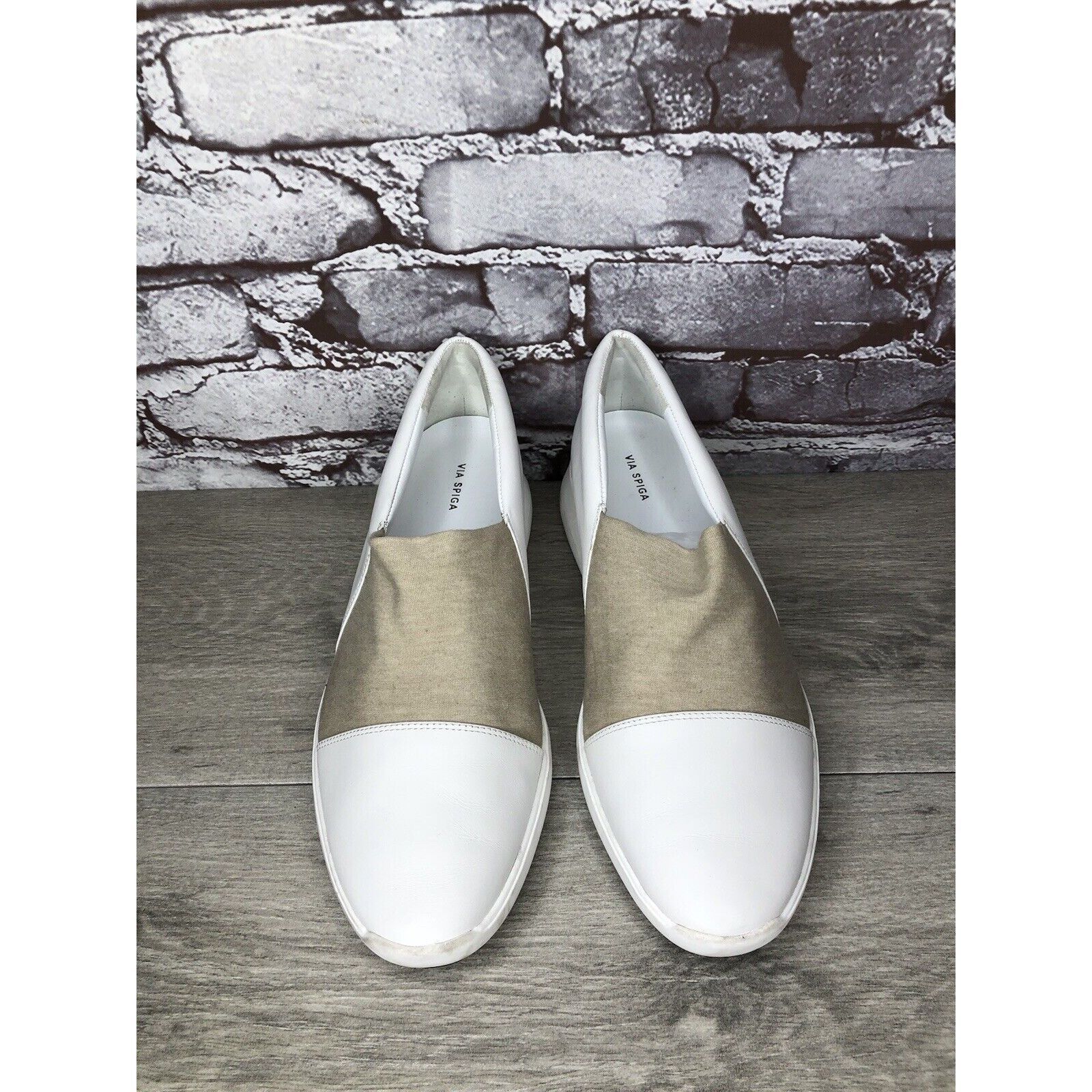 Other Via Spiga White Leather Beige Fabric Slip On Sneakers Women’ Size US 9.5 / IT 39.5 - 13 Thumbnail