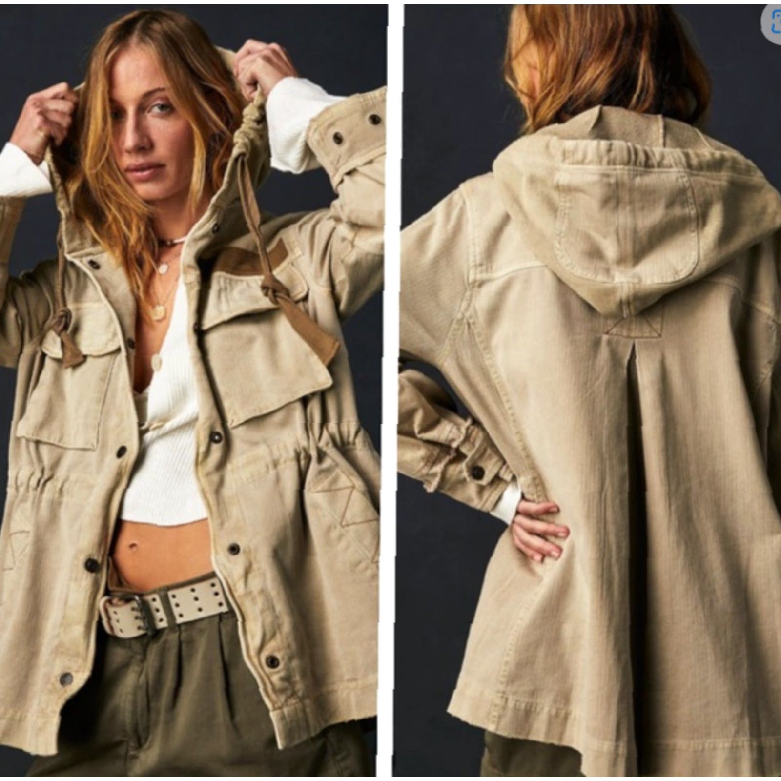 Free People We The Free Womens Tan Oversized Trapeze Military Utility Jacket S Hooded Pockets Snap Front Drawstring Hood Unlined Casual Vintage No NWOT Size S / US 4 / IT 40 - 2 Thumbnail