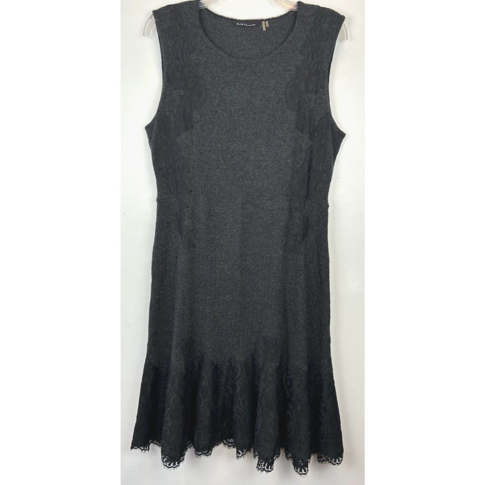 Elie Tahari Cashmere Sweater Dress Womens L Gray Midi Knit Sleeveless Lace  Detail 38\" Shoulder to Hem