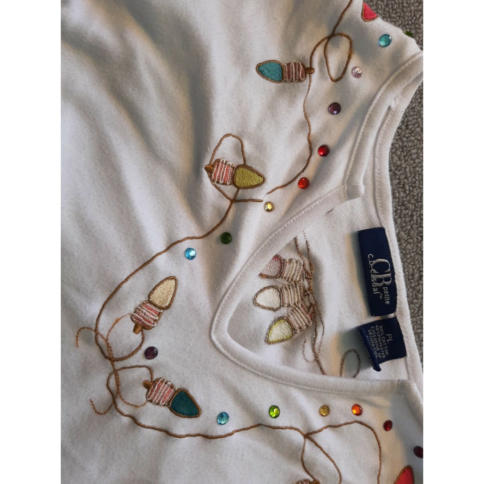 Vintage CB Casual Womens Top 3/4 Sleeve White Christmas Lights Embordered Beads Tee Shirt Petite Regular Long Sleeve Casual Shirt Womens Size L / US 10 / IT 46 - 2 Thumbnail
