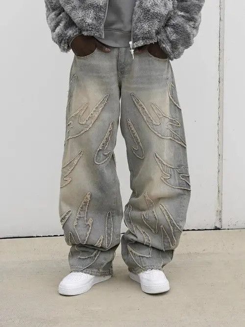 Designer Retro Raw Edge Embroidery Baggy Jeans Size US 31 - 1 Thumbnail