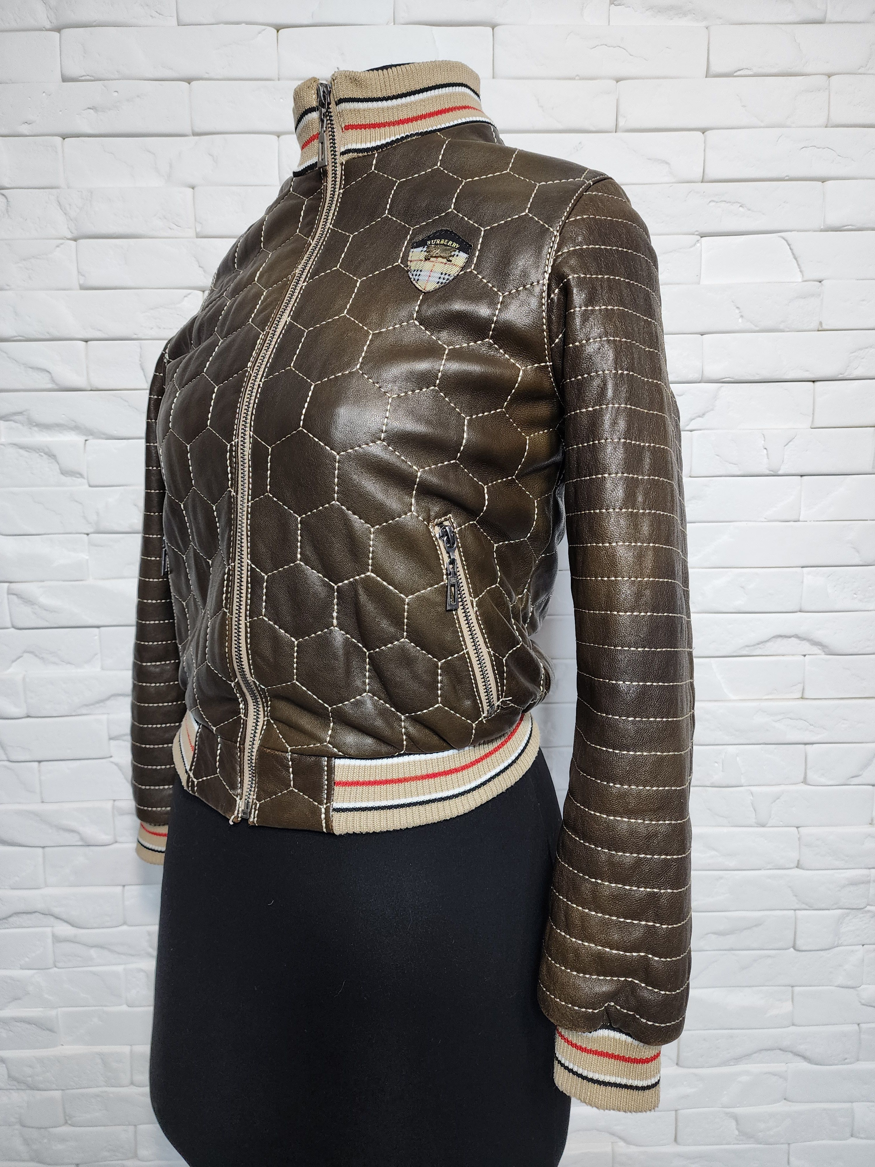 Uniqlo Brown Leather Jacket: Women's Zip-Up Bomber with Knit Trim Size XS / US 0-2 / IT 36-38 - 2 Thumbnail