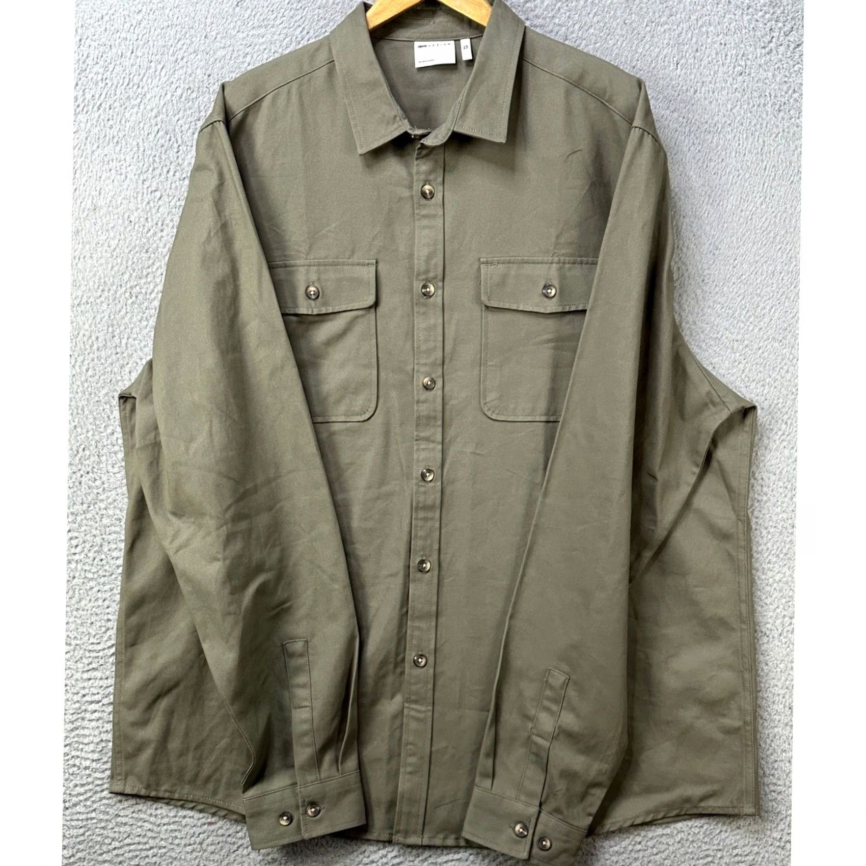 Vintage ASOS DESIGN Mens 3XL Tall Shirt Button Up Olive Green Flap Pockets Casual Workwear Long Sleeve Collared Chest 56in Green 3XLT Mens Size US XXL / EU 58 / 5 - 2 Thumbnail