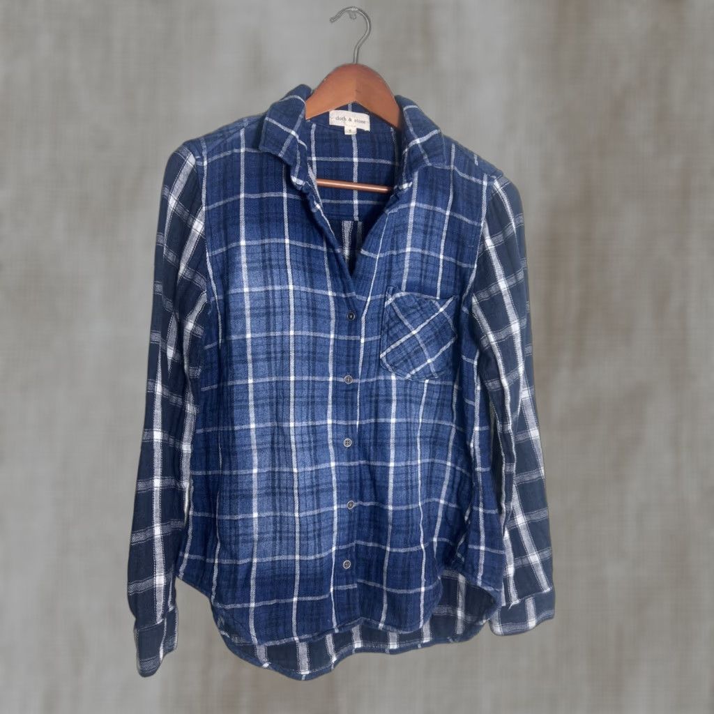 CLOT Cloth & Stone Womens Small Button-Up Long Sleeve Flannel Shirt Blue White Play Size S / US 4 / IT 40 - 1 Thumbnail