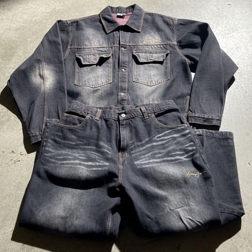 Sean John VINTAGE Sean John Denim Jacket Jeans Set Baggy Hip Hop Mens 38 3XL Brown Denim Y2K Size US 38 / EU 54 - 2 Thumbnail