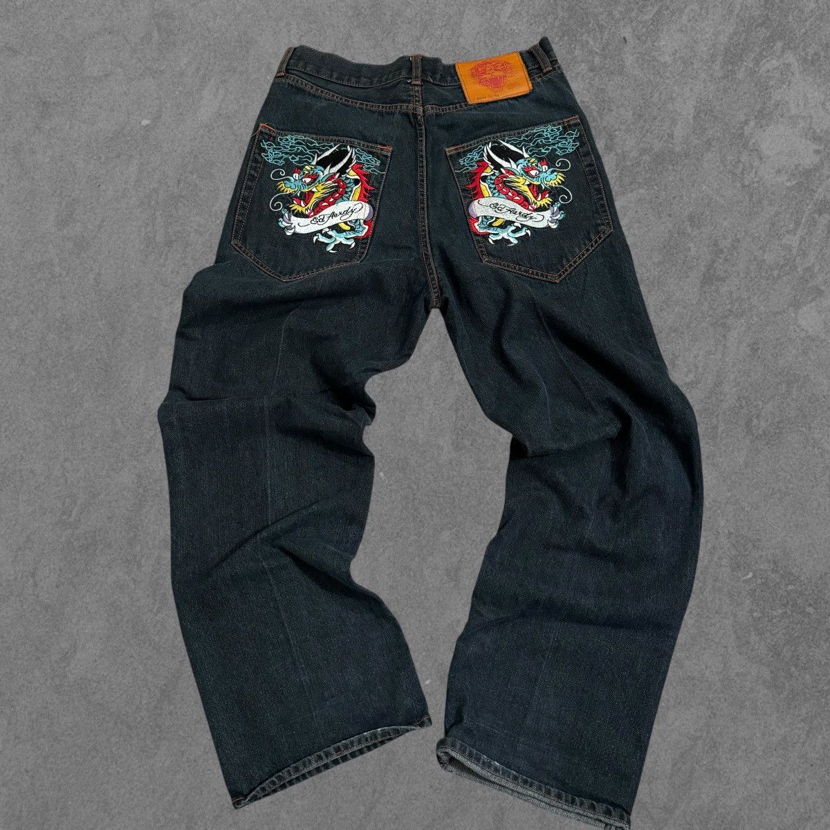 Vintage 90s y2k Ed Hardy 32W Embroidered Dragon Denim
