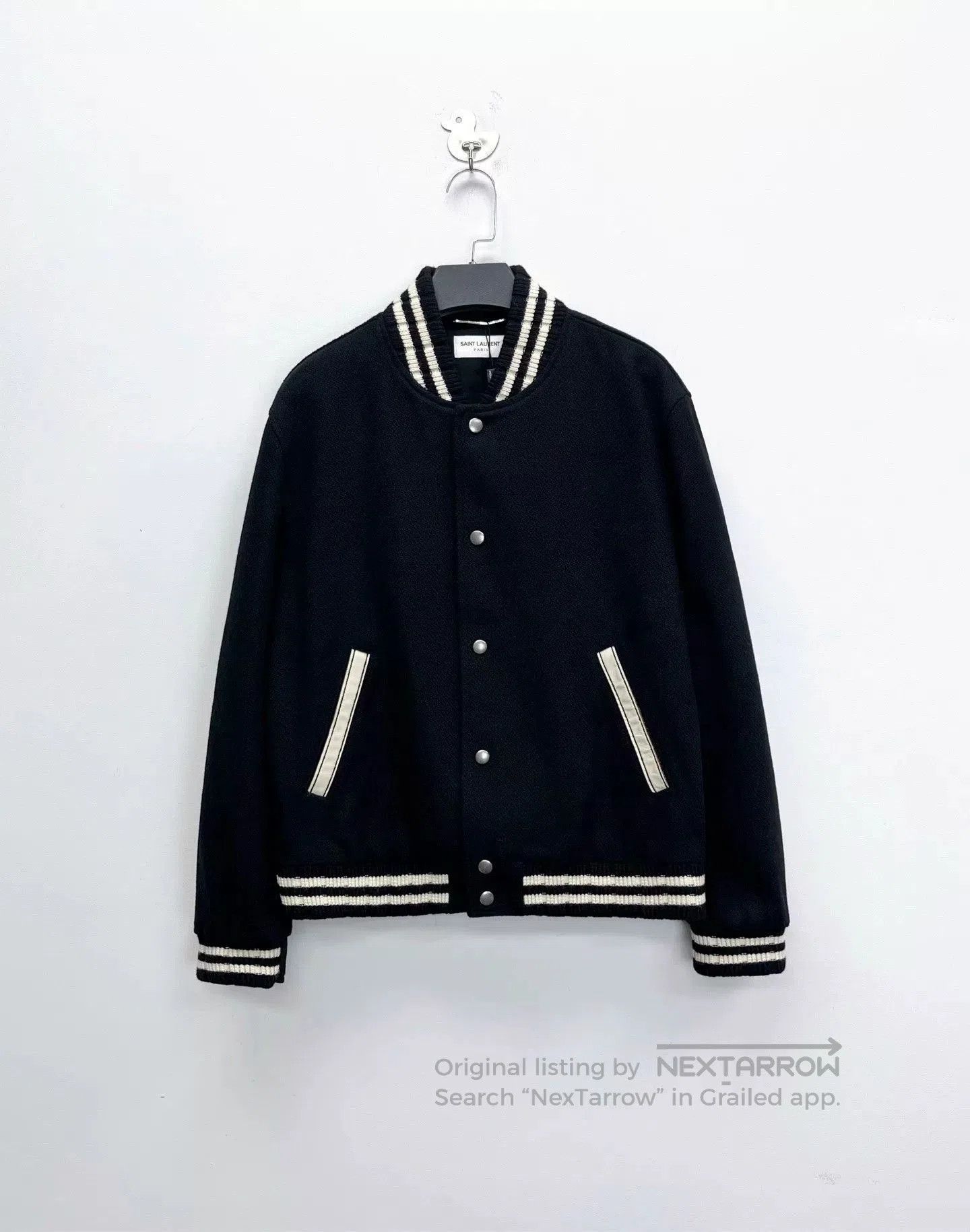 Saint Laurent Paris Saint Laurent Black Striped Wool Baseball Jacket. Size US M / EU 48-50 / 2 - 1 Thumbnail