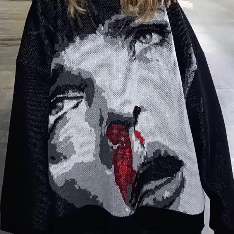 Other Gothic Punk Black Loose Knitted Sweater Girl Print Pullover Size M / US 6-8 / IT 42-44 - 2 Thumbnail