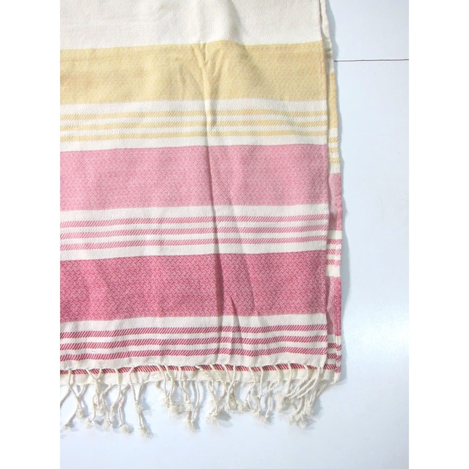 Pinko Tribe Alive Cotton Ivory Pink Yellow Stripe Beach Towel Sarong Poncho Shawl OS Shirt Womens 100% Cotton 35" X 37" Multicolor Stripe 80s 90s Beach Size ONE SIZE - 5 Thumbnail