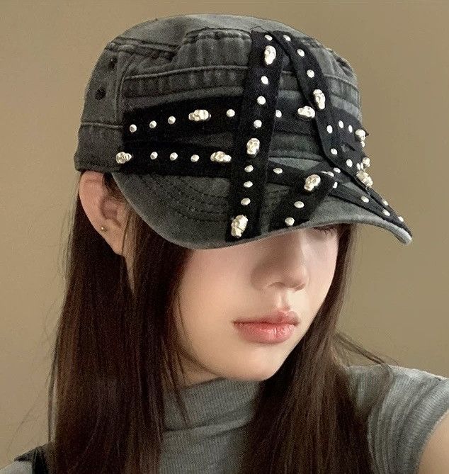 Japanese Brand Utility grunge faded skull studded star y2k military cap hat Size ONE SIZE - 2 Thumbnail