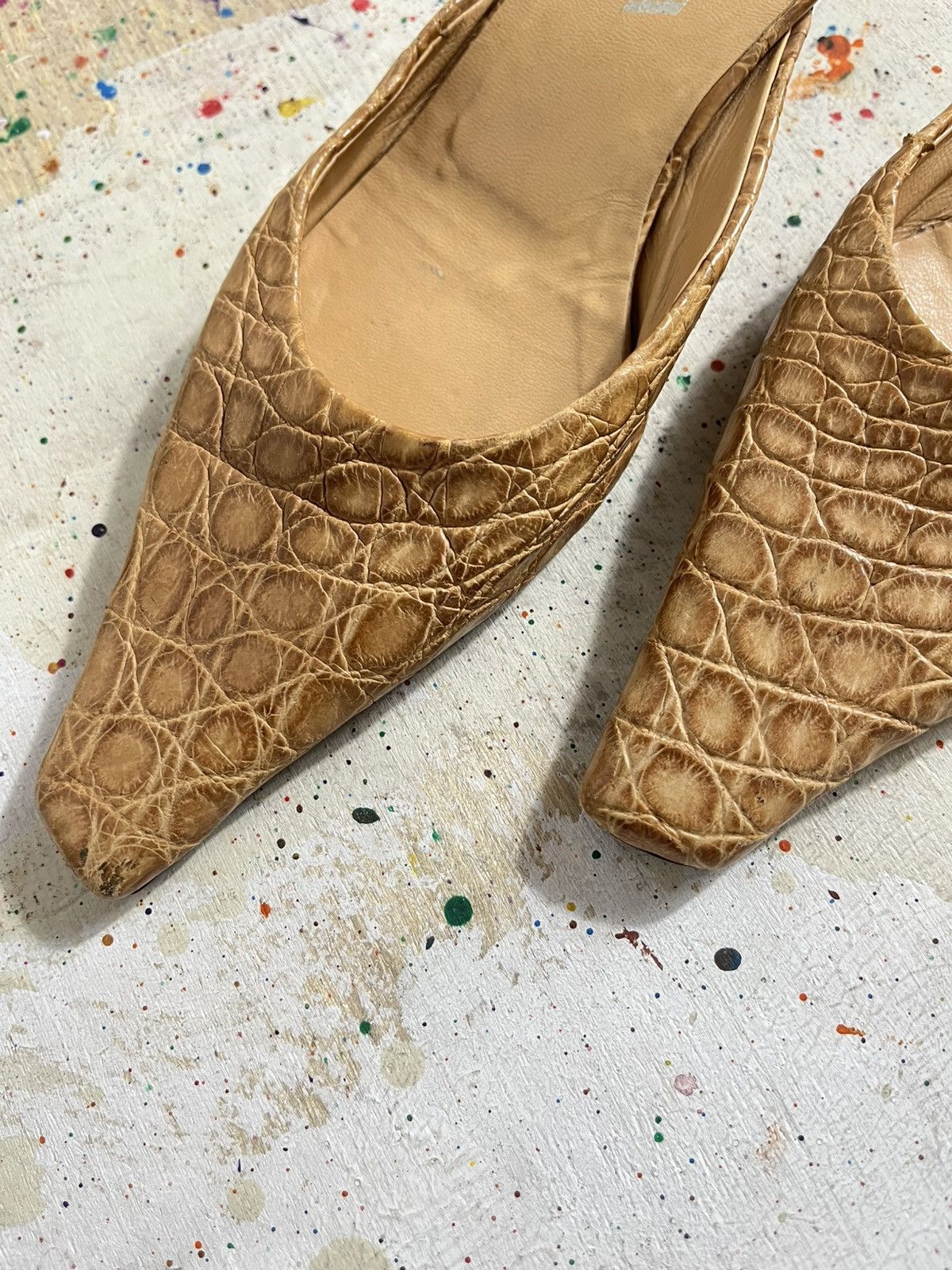 Prada Prada Tan Leather Crocodile Pattern Mules Size US 7 / IT 37 - 2 Thumbnail
