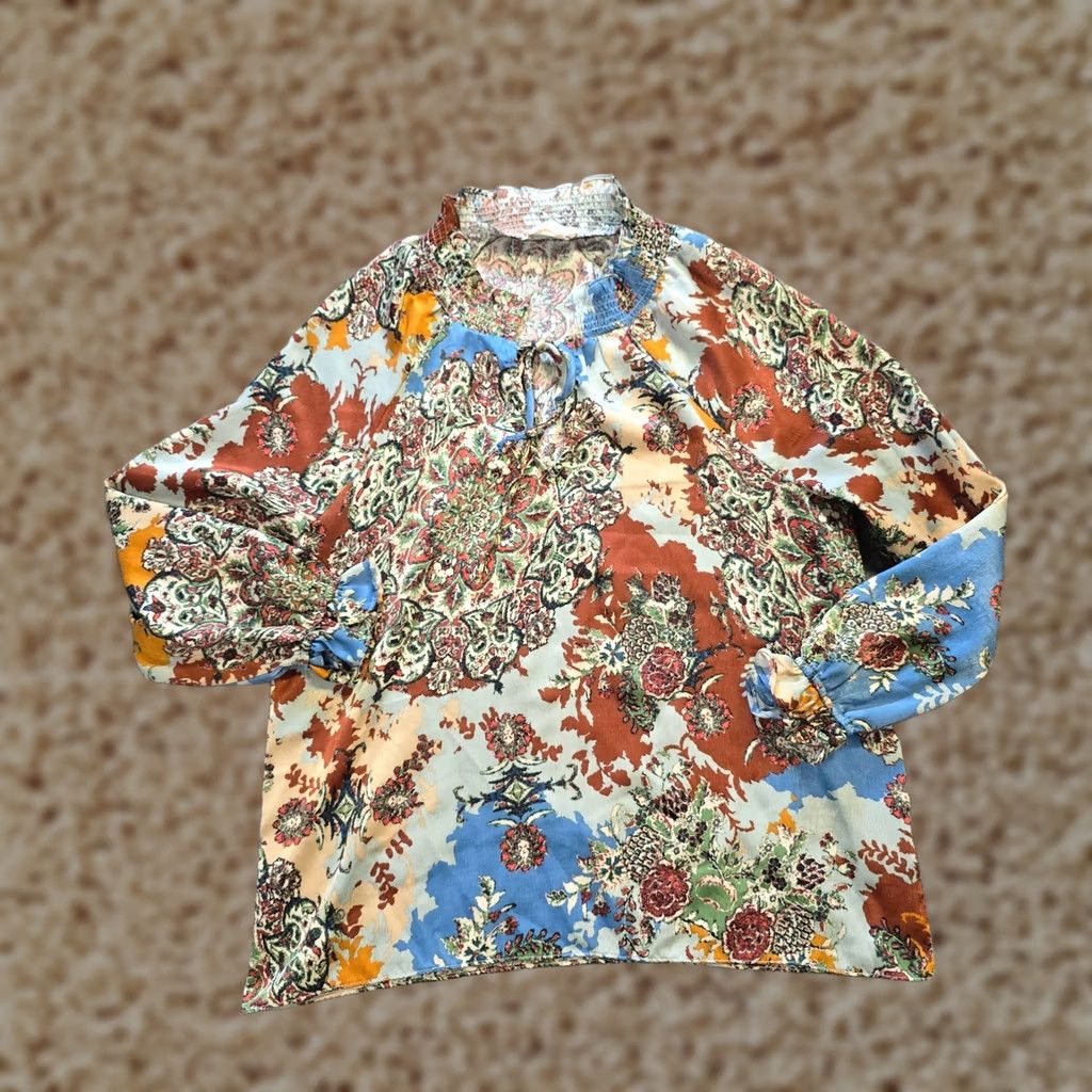 Vintage Everleigh Top Womens S Brown Size Blue Paisley Floral Satin Peasant Casual Size S / US 4 / IT 40 - 1 Thumbnail